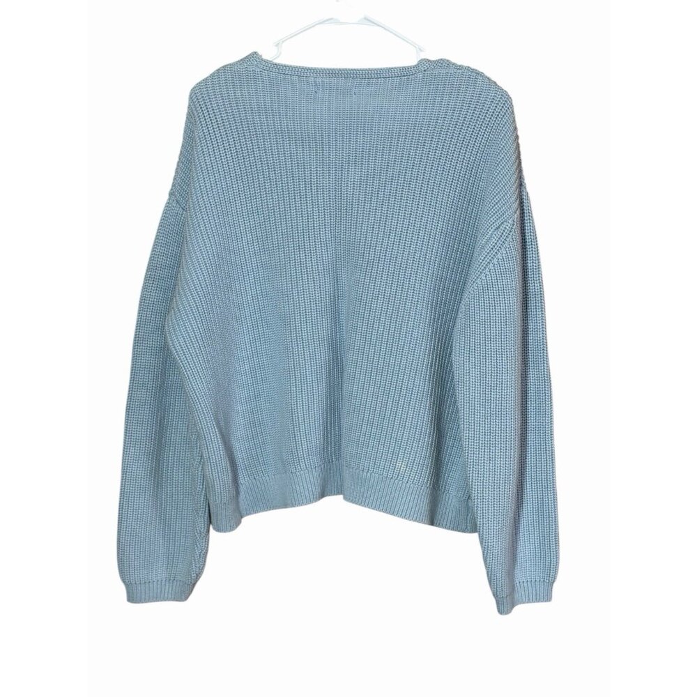 Quince Womens 100% Organic Cotton Fisherman V-Neck Sweater Sz L Sky Blue Classic - Picture 2 of 7